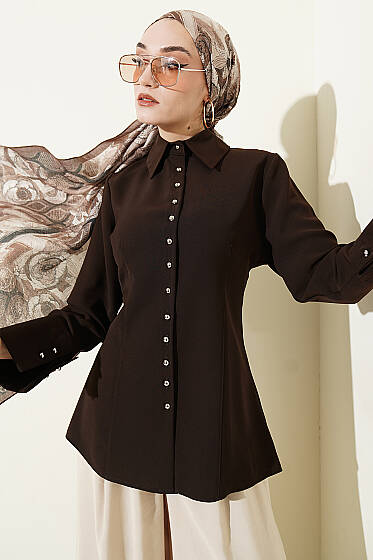 Top Düğmeli Dikiş Detaylı Gömlek Kahve - Gömlek