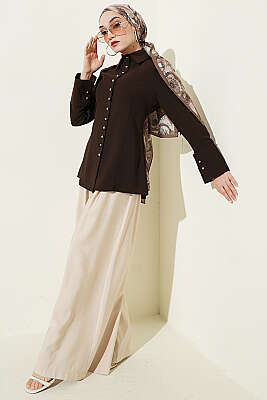 Top Düğmeli Dikiş Detaylı Gömlek Kahve - Gömlek