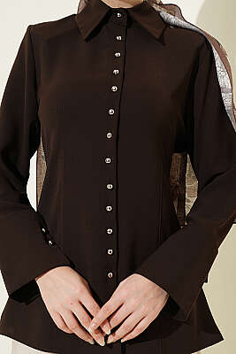 Top Düğmeli Dikiş Detaylı Gömlek Kahve - Gömlek