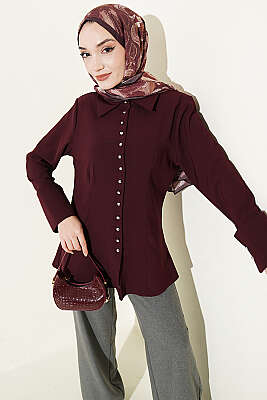 Top Düğmeli Dikiş Detaylı Gömlek Mürdüm 