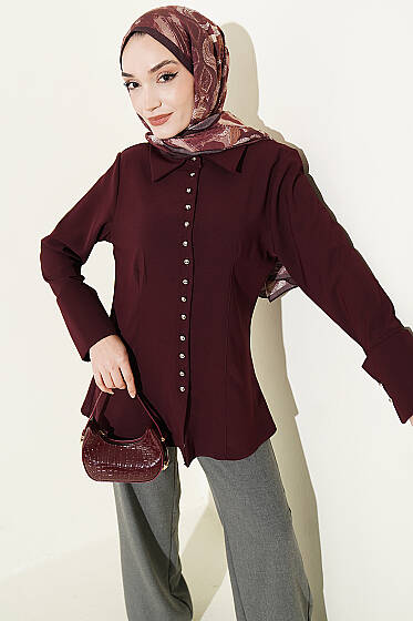 Top Düğmeli Dikiş Detaylı Gömlek Mürdüm - Gömlek