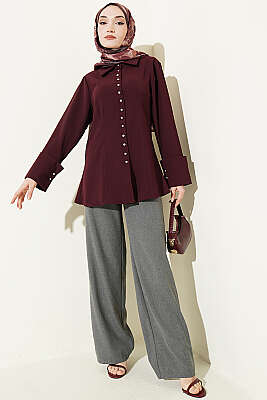 Top Düğmeli Dikiş Detaylı Gömlek Mürdüm - Gömlek