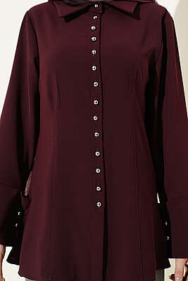 Top Düğmeli Dikiş Detaylı Gömlek Mürdüm - Gömlek