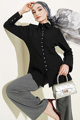 Top Düğmeli Dikiş Detaylı Gömlek Siyah - Gömlek