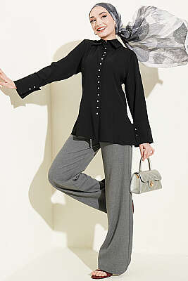 Top Düğmeli Dikiş Detaylı Gömlek Siyah - Gömlek