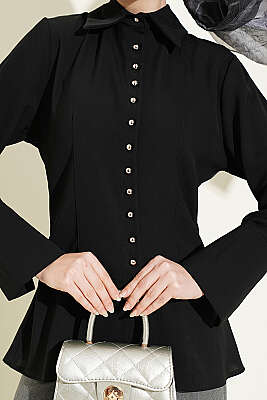 Top Düğmeli Dikiş Detaylı Gömlek Siyah - Gömlek