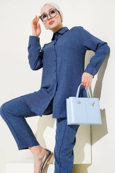 Top Düğmeli Keten İkili Takım Bondi Mavisi - İkili Takım