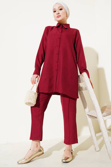 Top Düğmeli Keten İkili Takım Bordo - İkili Takım