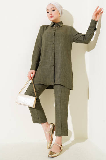 Top Düğmeli Keten İkili Takım Haki - İkili Takım