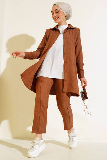 Top Düğmeli Keten İkili Takım Kahve - İkili Takım