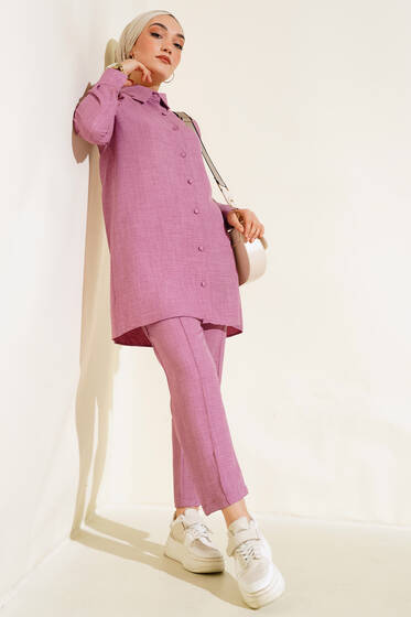 Top Düğmeli Keten İkili Takım Magenta - İkili Takım