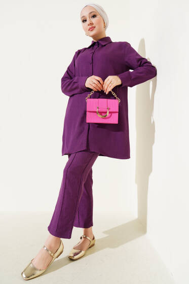Top Düğmeli Keten İkili Takım Mor - İkili Takım