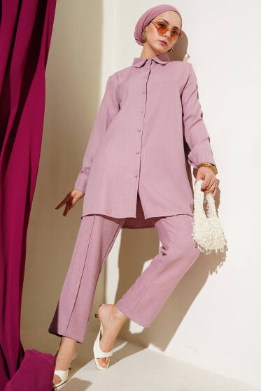 Top Düğmeli Keten İkili Takım Pudra - İkili Takım