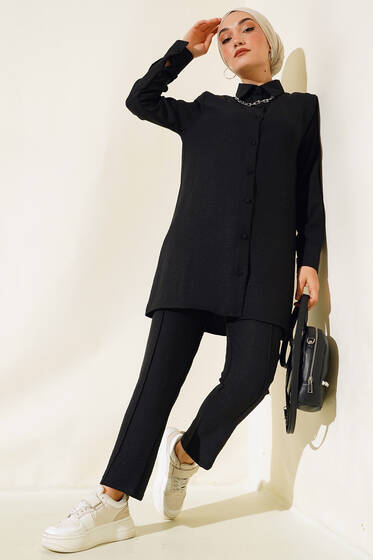 Top Düğmeli Keten İkili Takım Siyah - İkili Takım