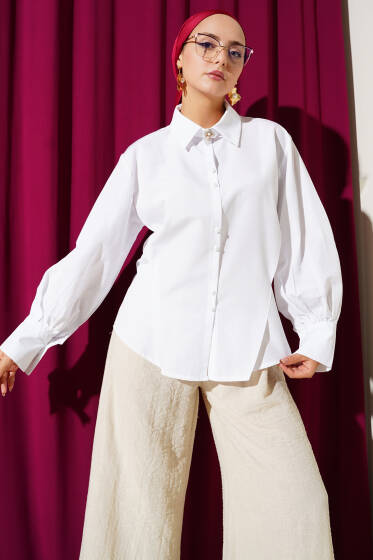 Top Düğmeli Pensli Gömlek Beyaz - Gömlek