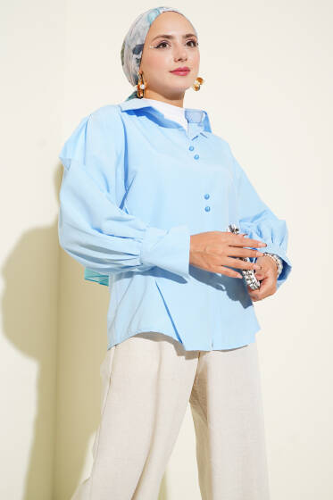 Top Düğmeli Pensli Gömlek Mavi - Gömlek