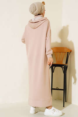 Torba Cep Kapüşonlu Elbise Bej - Tesettür Elbise