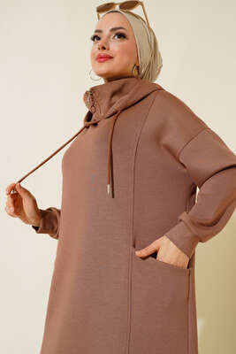 Torba Cep Kapüşonlu Elbise Camel - Tesettür Elbise
