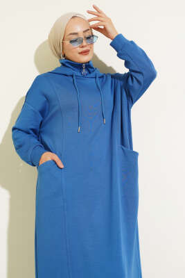Torba Cep Kapüşonlu Elbise İndigo - Tesettür Elbise