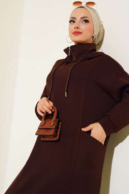 Torba Cep Kapüşonlu Elbise Kahve - Tesettür Elbise