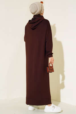Torba Cep Kapüşonlu Elbise Kahve - Tesettür Elbise