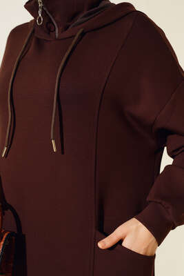 Torba Cep Kapüşonlu Elbise Kahve - Tesettür Elbise