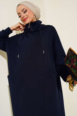 Torba Cep Kapüşonlu Elbise Lacivert - Tesettür Elbise