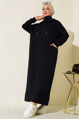 Torba Cep Kapüşonlu Elbise Siyah - Tesettür Elbise