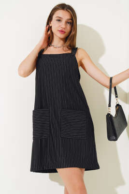 Torba Cepli Çizgili Salopet Siyah - Kadın Giyim Modelleri