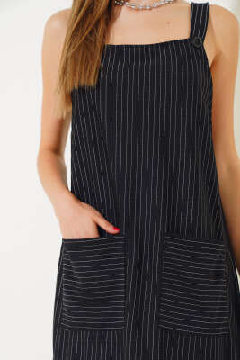 Torba Cepli Çizgili Salopet Siyah - Kadın Giyim Modelleri