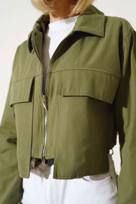 Torba Cepli Gabardin Kısa Ceket Haki - Kadın Giyim Modelleri