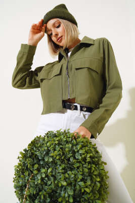 Torba Cepli Gabardin Kısa Ceket Haki - Kadın Giyim Modelleri