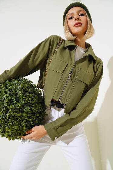 Torba Cepli Gabardin Kısa Ceket Haki - Yeni Giyim