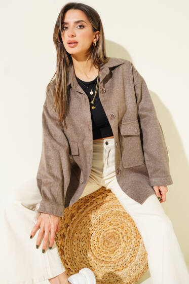 Torba Cepli Kaşe Ceket Vizon - Kadın Giyim Modelleri