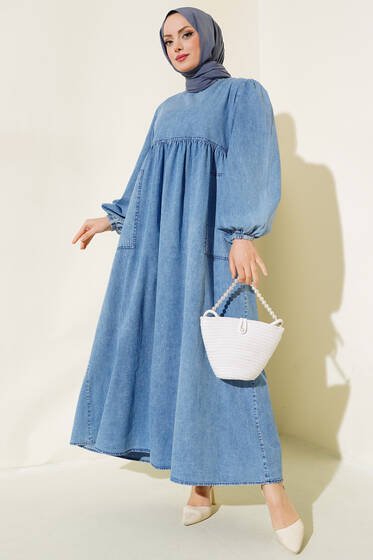 Torba Cep Detaylı Kot Elbise Kot Mavisi - Elbise