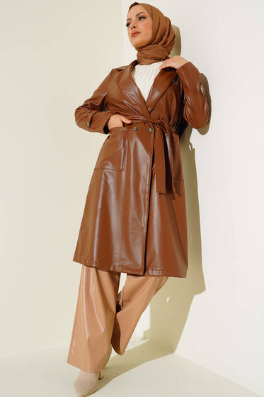 Torba Cepli Kuşaklı Deri Trençkot Taba - Trençkot