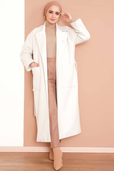 Torba Cepli Uzun Kaşe Kaban Ekru - Kaban