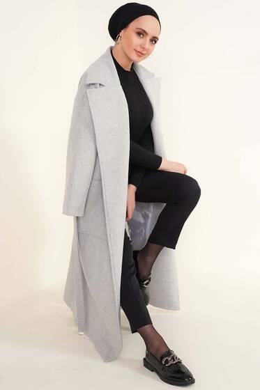 Torba Cepli Uzun Kaşe Kaban Gri - Kaban