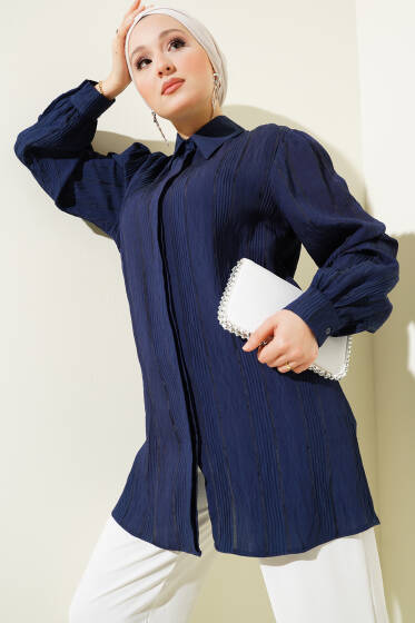 Transparan Çizgili Basic Gömlek Lacivert - Gömlek