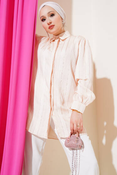 Transparan Çizgili Basic Gömlek Pudra - Gömlek