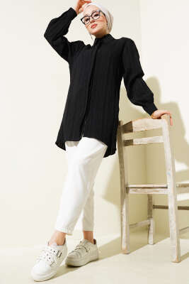 Transparan Çizgili Basic Gömlek Siyah - 300-500 TL Ürünler