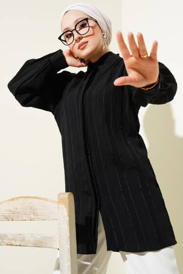 Transparan Çizgili Basic Gömlek Siyah - Gömlek