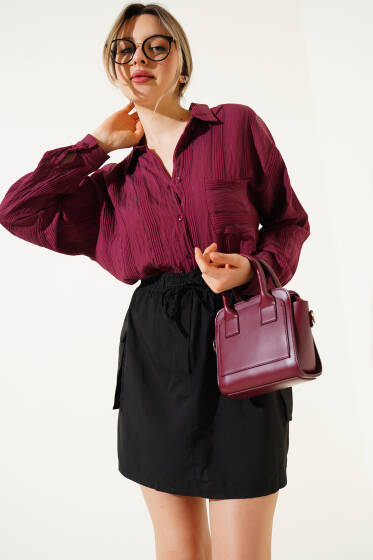 Transparan Çizgili Cepli Salaş Gömlek Bordo - Kadın Giyim Modelleri