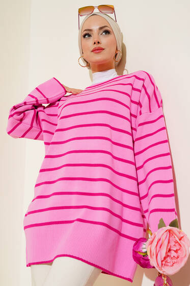 Triko Çizgili Tunik Pembe - Tunik