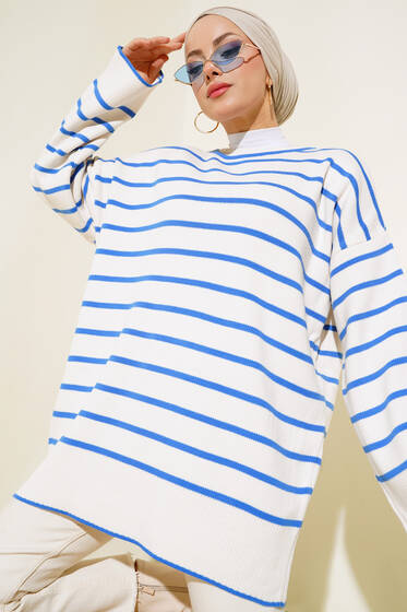 Triko Çizgili Tunik Saks - Tunik