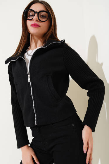 Triko Garnili Kaşe Mont Siyah - Kadın Giyim Modelleri