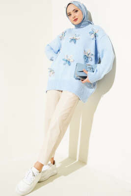 Tül Çiçek Süslemeli Triko Tunik Bebe Mavi - Triko Tunik