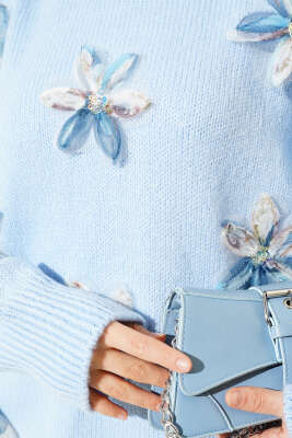 Tül Çiçek Süslemeli Triko Tunik Bebe Mavi - Triko Tunik