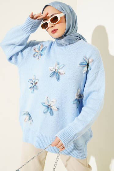 Tül Çiçek Süslemeli Triko Tunik Bebe Mavi - Tunik