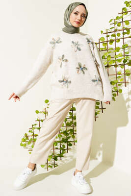 Tül Çiçek Süslemeli Triko Tunik Bej - Triko Tunik